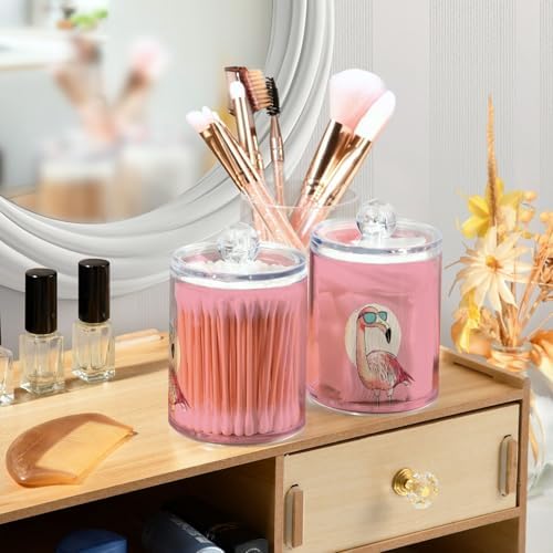 Fustylead 4 Pack Pink Flamingo Wearing Sunglasses Qtip Holder Dispensers, Bathroom Storage Canister Plastic Apothecary Jar Set for Cotton Swabs, Ball, Pads, Floss