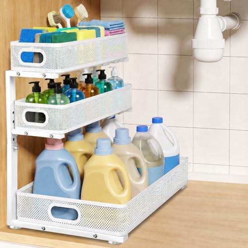 3 Tier Adjustable Under Sink Organizer for Bathroom & Kitchen(1Pack, White)