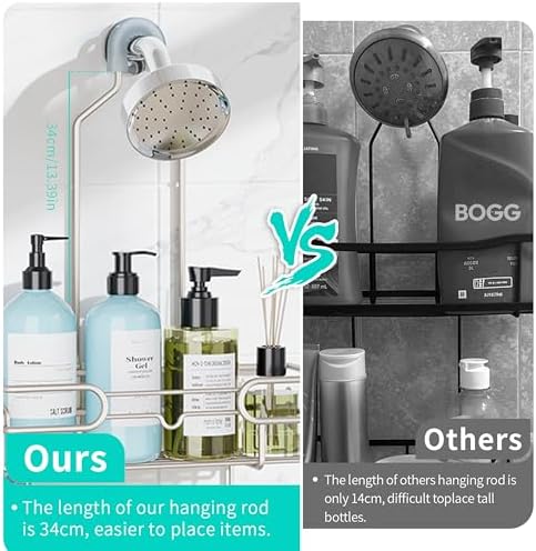 HapiRm Hanging Shower Caddy Organizer - Bathroom Organizer with 12 Hooks and Soap Holder, Rustproof Shower Shelf over Shower Head - Brushed Nickel