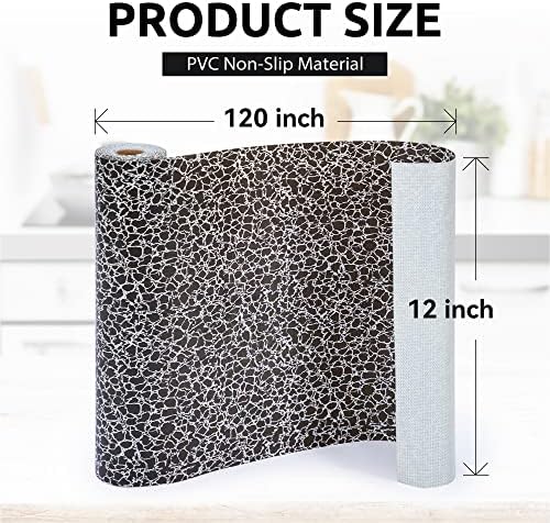FIFTY FEET 12X120 Inch Shelf Liner with Scissor & Tape Measure for Kitchen Cabinets, PVC Drawer Liner for Dresser Non-Slip Bathroom, Non-Adhesive Cabinet Liner Washable (Black Crack)