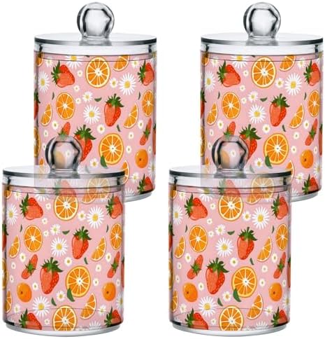 ALAZA 2pcs Strawberry Orange Fruit Daisy Flower Qtip Holder Dispenser 14 oz Bathroom Storage Clear Apothecary Jars Containers Cotton Ball,Cotton Rounds,Floss Picks, Hair Clips, Food
