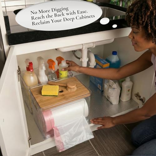 Hudgan 2 in 1 Acrylic Trash Bag Dispenser Under Sink, Garbage Bags Holder with Stackable Bamboo Top for Kitchen, Pantry, Laundry Room