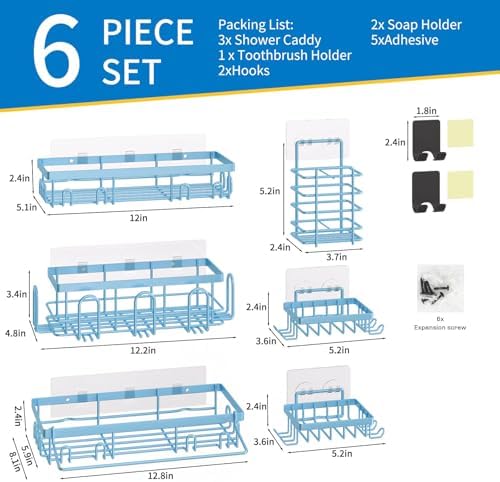 DTUQYX Shower Caddy 9 Pack,Adhesive Organizer for Bathroom Decor Accessories & Kitchen Storage,No Drilling,Large Capacity,Rustproof Stainless Steel Organizer,Home Decor Shelves (Blue 9 Pack)
