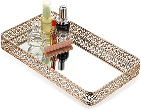 ELLDOO Gold Mirror Glass Perfume & Makeup Vanity Tray, Large Size