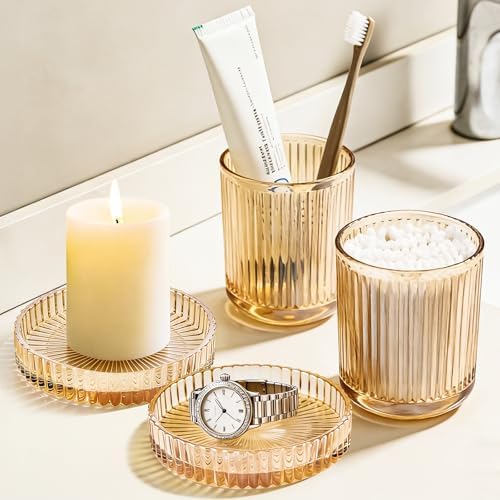 Glass Qtip Dispenser 2 Pack, Clear Bathroom Storage Organizer for Cotton Swabs, Balls, Pads & Floss Picks, Vanity Makeup Essential Accessories (Amber)
