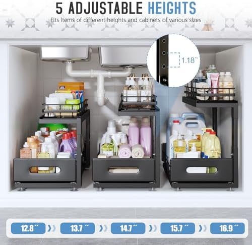 Under Sink Organizer Upgrade To Professional Rails,2-Tier Dual Pull Out Cabinet Storage,Height Adjustable Slide Out Drawers For Bathroom Kitchen,2 Pack-18.5"Dx12.8"-16.9"H,Black