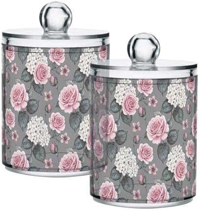 MNSRUU 4 Pack Qtip Holder Organizer Dispenser Pink Roses Vintage Bathroom Containers Bathroom Vanity Storage Canister Apothecary Jars for Cotton Swabs/Pads/Floss