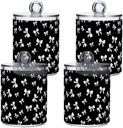 Gredecor 4 Pack Qtip Holder Clear Cute White Bow on Black Apothecary Jars with Lids Acrylic Bathroom Jars Vanity Countertop Canister Storage Organizer for Cotton Ball,Swabs,Pads,Floss