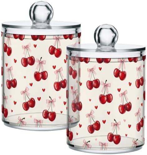 Gredecor 4 Pack Qtip Holder Clear Retro Cherry Heart Bow Apothecary Jars with Lids Acrylic Bathroom Jars Vanity Countertop Canister Storage Organizer for Cotton Ball,Swabs,Pads,Floss