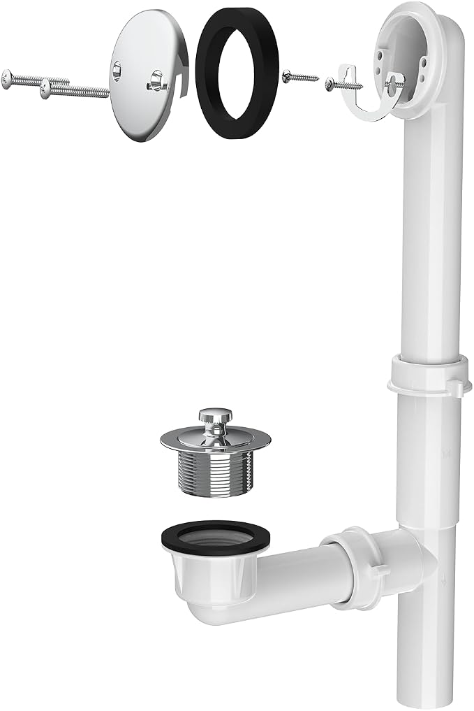 1-1/2"" White Tubular Bath Drain Kit with Lift and Turn Bath Drain Stopper, Lift and Turn Bathtub Drain Waste and Overflow with Plug and Bathtub Overflow Drain Cover (Plated Chrome)