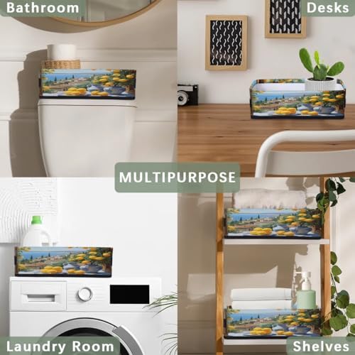 Storage Basket Set of 2 Lemon Seascape Small Baskets for Organizing Fabric Storage Baskets with Handles for Shelves Bathroom Toilet Tank Top