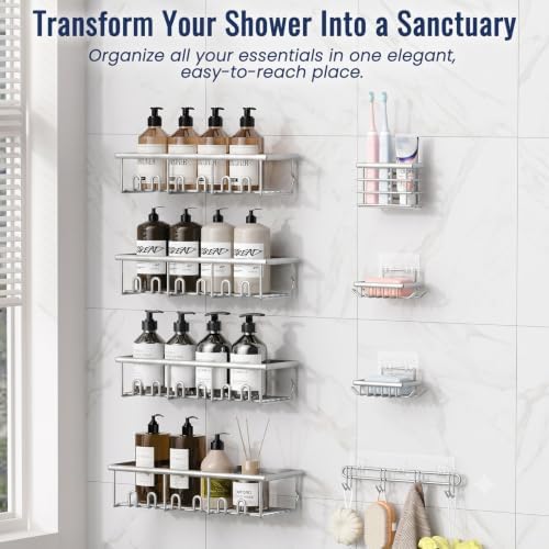 8 Pack Adhesive Large Capacity No-Drilling Shower Caddy, Silver