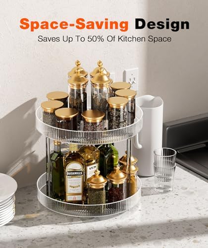 360° Clear Rotating Storage Tray, 2 Tier Lazy Susan Bathroom Countertop Organizer, Cosmetics and Perfume Organizer, Spinning Storage Tray Vanity Organizer Shelf for Bathroom Cabinet, Kitchen(Medium)