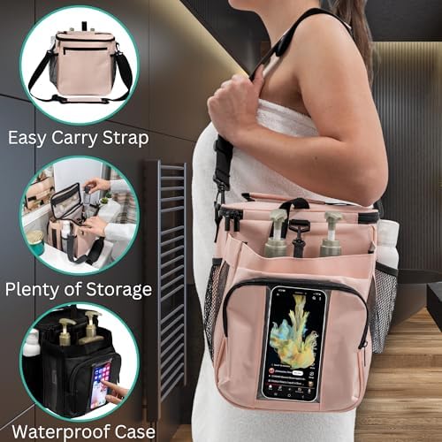 TERRA HOME XL Portable Shower Caddy Bag for Girls with Extra Storage, Durable Mesh Bottom, Shoulder Strap, Keychain Holder Shower Caddy Case for College Dorms - Travel Vacation Essentials (Blush Pink)
