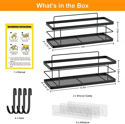 Large Shower Caddy Basket Shelf, 2 Pack, Bathroom Storage Organizer with 4 Hooks, Adhesive No Drilling Wall Mounted, SUS304 Stainless Steel Shower Organizer for Kitchen - Black