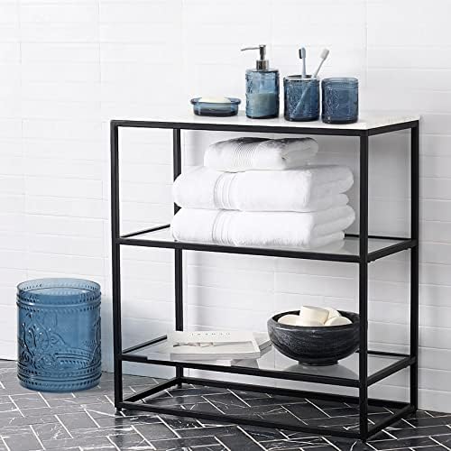 4PCs Teal Blue Glass Bathroom Accessories Set with Decorative Pressed Pattern - Includes Hand Soap Dispenser & Tumbler & Soap Dish & Toothbrush Holder (Dark Blue)