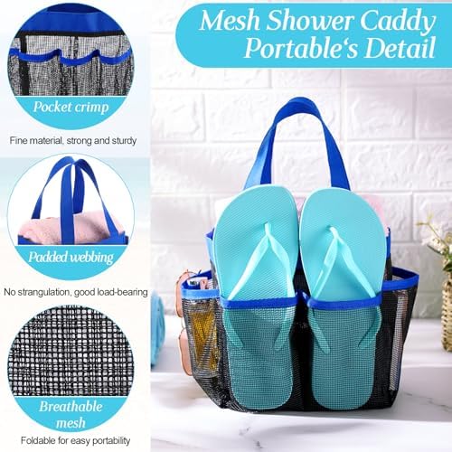 8 Packs Large Mesh Shower Caddy with 8 Pocket and Handle, Blue
