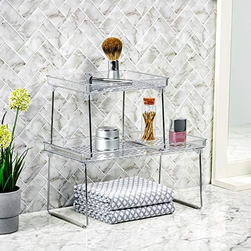 madesmart Medium Stackable Storage Shelf for Cabinets or Counters, Plastic Collapsible Cabinet Shelf for Home Organization, Clear (Pack of 2)