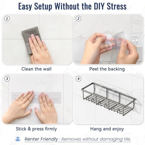 8 Pack Adhesive Rustproof Shower Caddy with Soap Dishes, Toothbrush Holder & Hooks, Large Capacity No-Drilling Shower Shelves Rack for Bathroom Organizers and Storage Accessories, Dark Gray