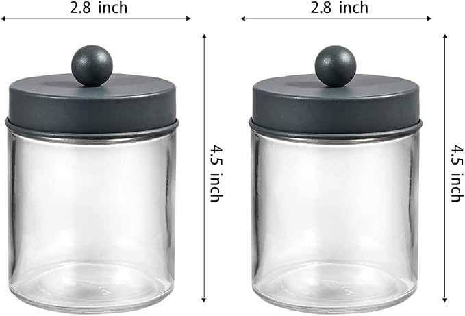 Amolliar 6 Pack Apothecary Jars Bathroom Organizer - Rustic Farmhouse Decor Qtip Holder with Stainless Steel Lids - Glass Bathroom Storage Canisters for Cotton Swabs, Rounds, Balls, Flossers (Grey)