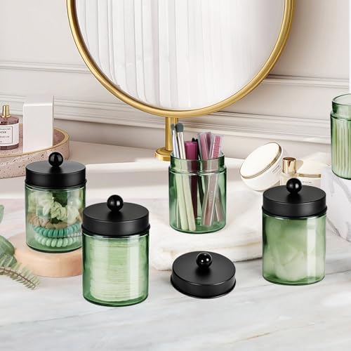 Amolliar Green Glass Apothecary Jar, Qtip Holder for Bathroom, Black 2 Pack