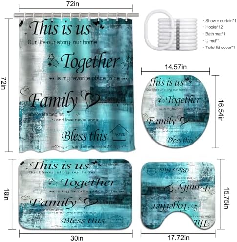 Lnond 4Pcs Shower Curtain Set with Toilet Lid Cover and Non-Slip Rugs for Bathroom,Turquoise Abstract Motivational Bathroom Sets with Shower Curtain and Rugs