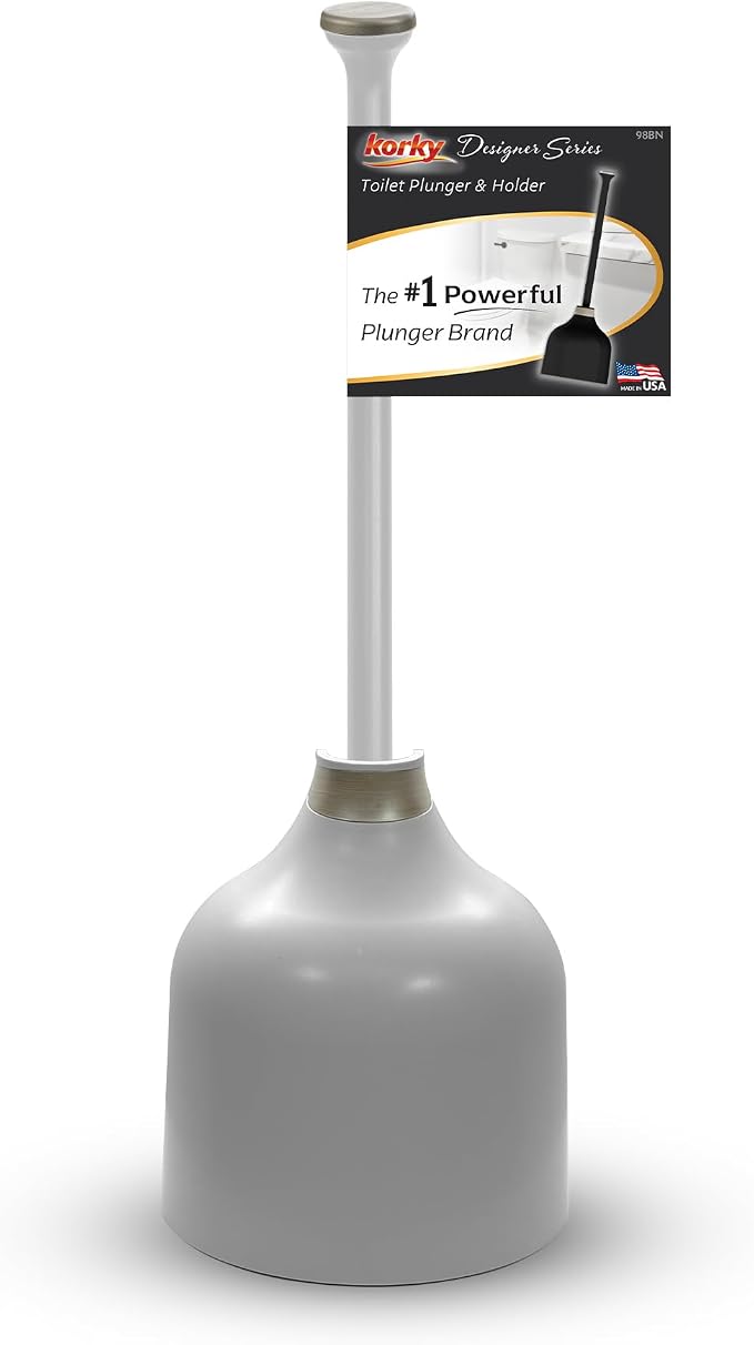 Korky Gray Toilet Plunger and Holder – Fast Clog Removal - Made in USA