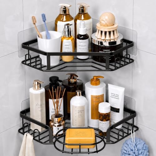 Corner Shower Caddy, Rustproof Shower Organizer with Soap Holder and 8 Hooks, No Drilling Adhesive Shower Shelves for Inside Shower, Large Capacity Shower Rack for Bathroom Shower Storage, X-Large