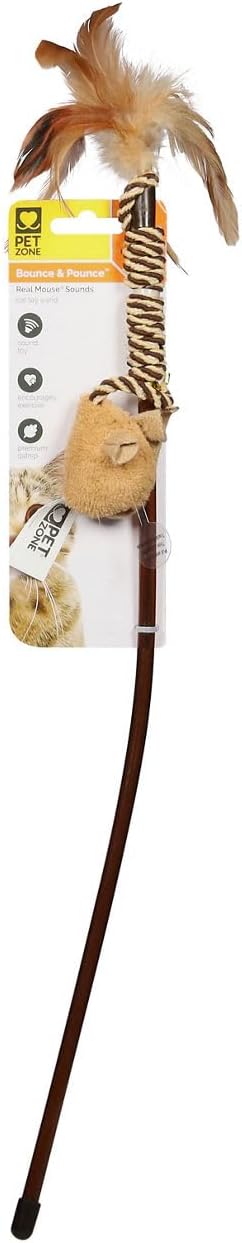 Pet Zone Bounce and Pounce Wand Cat Toy with Real Mouse Sound, Pack of 1 | Catnip infused for extra excitement, swish and dangle to spark chasing, leaping and playful exercise for felines every day
