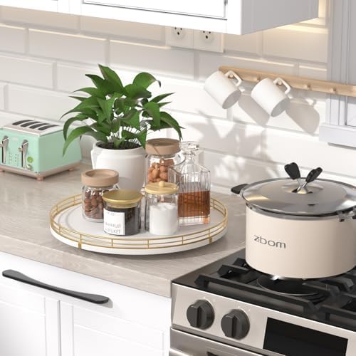 Oroyutor 13-Inch White and Gold Wooden Lazy Susan Spice Organizer