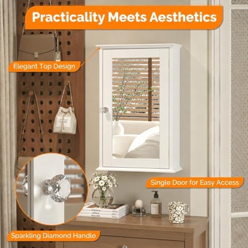 Bonnlo White Mirrored Medicine Cabinet - Wall Mounted Bathroom Storage Organizer with Single Door, 2 Adjustable Shelves & Magnetic Lock, Small Vanity Cabinet for Over the Toilet/Sink