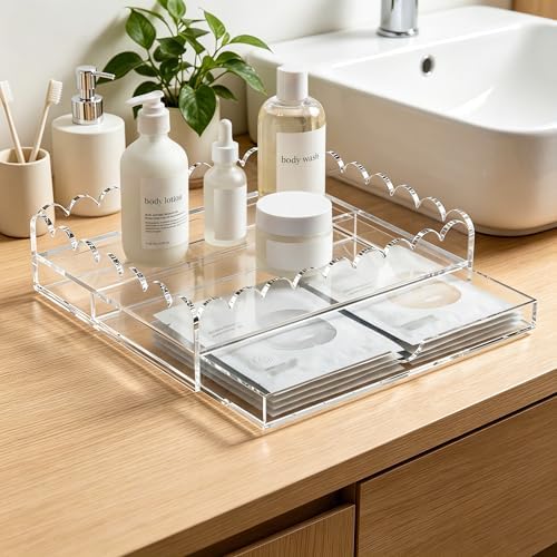 Scalloped Acrylic Tray, 10 x 12 Inch Acrylic Organizer Tray Insert 1” Height Drawer for Vanity Makeup Lipstick Bathroom Countertop, Clear Decorative Tray for Insert Needlepoint Customizable Home Decor