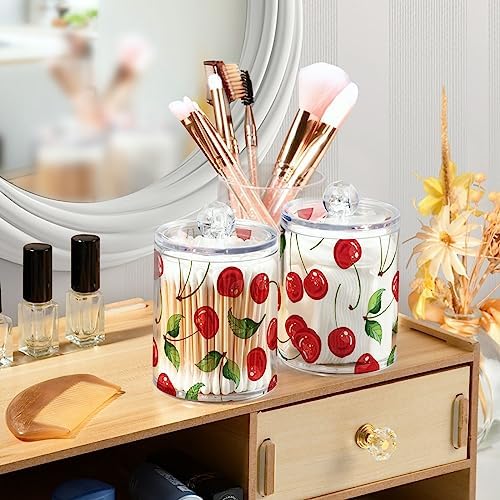 Cherry Fruits Canisters with Lids for Bathroom Vanity, Clear Plastic Jars Set of 2, for Cotton Balls, Cotton Pads, Qtips 4.13 x 2.75 in