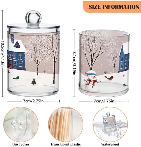 Christmas Winter Qtip Holder Dispenser 4 Pack Snowmen Snow Courtyard with Trees Apothecary Jars with Lids Bathroom Vanity Countertop Canister Storage Organizer for Cotton Ball,Swabs,Pads,Floss