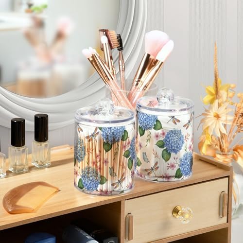 ALAZA Blue Hydrangea Flower Dragonfly Butterfly 4 Pack Qtip Holder Dispenser for Cotton Swabs, Balls, Pads, Floss 10 oz Plastic Canister Organizer