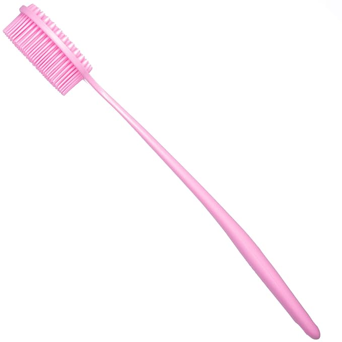 DNC Silicone Back Scrubber for Shower, Soft Bath Body Brush with Long Handle (Pink)