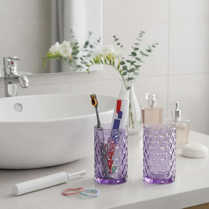 Bathroom Toothbrush Holder Set, 11oz Purple Glass Toothbrush Holder and Bathroom Tumbler Cup Set, Decorative Countertop Storage Cups Organizer for Toothpaste, Brushes