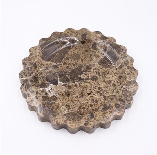 Round Marble Decorative Tray with Scalloped Edge, Luxury Natural Stone Bathroom Vanity Tray, Dresser Top Perfume Coffee Home Kitchen Sink Tray, Key Trinket Ring