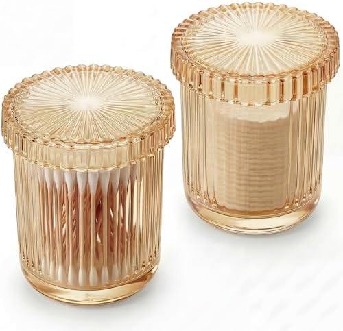 rejomiik 2 Pack Thick Glass Qtip Holder Apothecary Jars with Lids, Amber