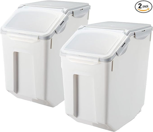 15 Liter / 30 lbs Rice Storage Container with Measuring Cup, BPA free, For Rice | Grain | Pet Food | Flour, 2 count, White & Gray