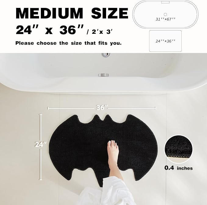 TYUU Bat Bath Mat, Super Absorbant Gothic Bathroom Rugs Non Slip Washable Bat Shaped Floor Mat Holiday Decor, 24''x36'', Black