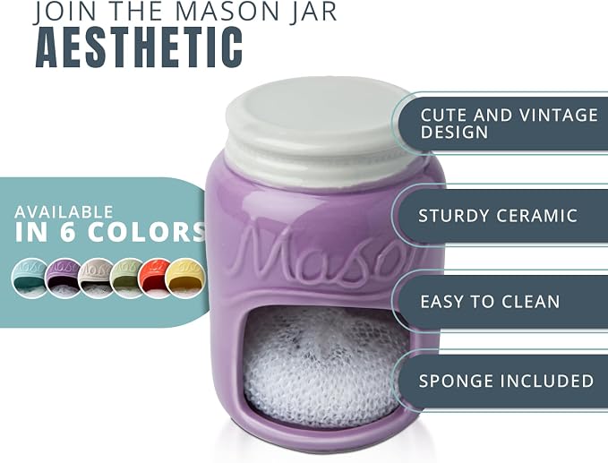 Comfify Purple Mason Jar Ceramic Sponge Holder – Farmhouse Sink Caddy | Purple; mason jar ceramic; 5"H x 3.75" diameter; includes nylon scrubby; embossed ‘MASON’; decorative lid; farmhouse