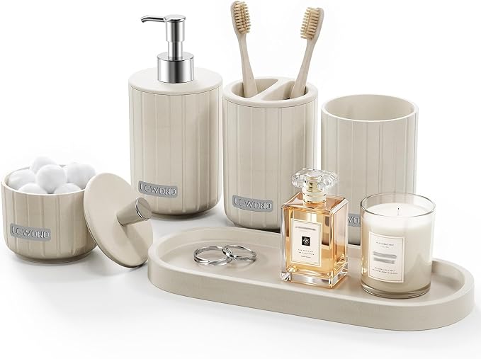 Cream Bathroom Accessory Set 5 Piece with Soap Dispenser, Storage Jar, Bathroom Counter Tray, Toothbrush Holder and Toothbrush Cup, Modern Stone-Effect Bathroom Countertop Decor Bath Sets