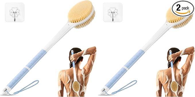Back Scrubber Body Shower Brush: Anti Slip Long Handle Bath Brush with Stiff and Soft Bristles - Showering Exfoliator Wet or Dry Brushing for Women, Men, Elderly (Blue) (Pack of 2)