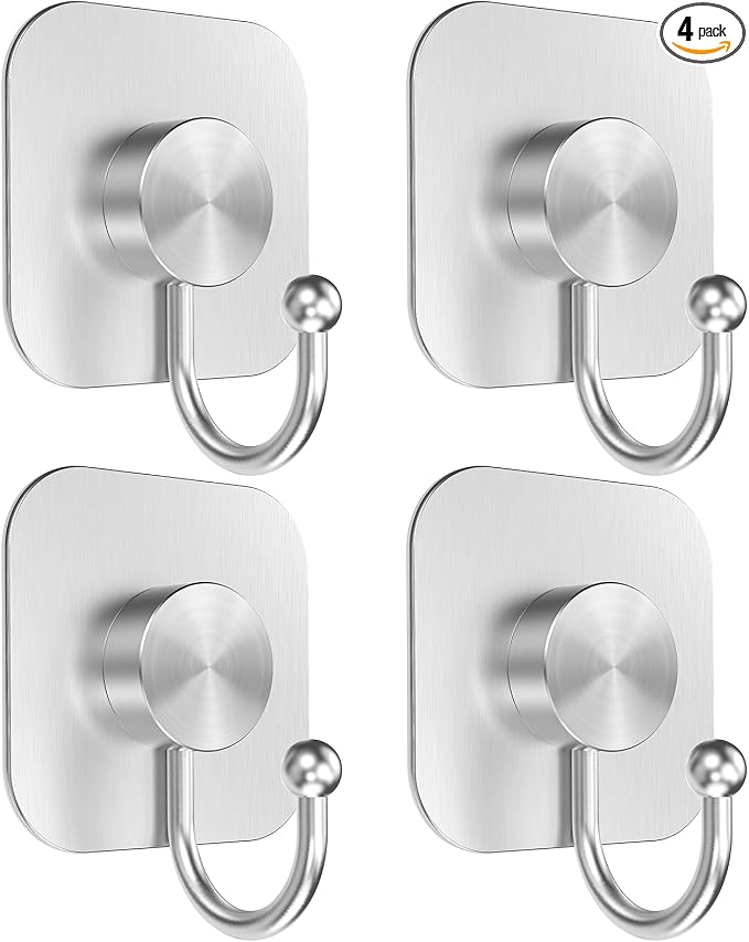 Aikzik 4 Pack Large Heavy Duty Wall Hooks - 26lb Max, Stainless Steel Adhesive Towel Hook, Shower Hooks for Hanging Towel, Coat, Robe, Wall Hook for Use in Bathroom, Kitchen and Door