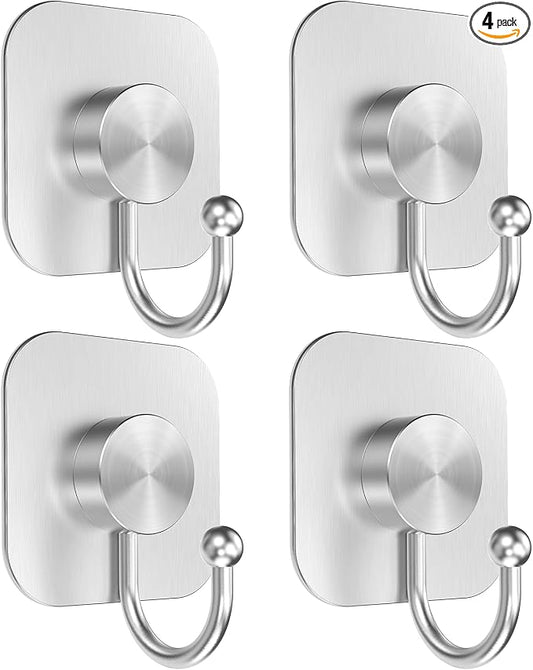 Aikzik 4 Pack Large Heavy Duty Wall Hooks - 26lb Max, Stainless Steel Adhesive Towel Hook, Shower Hooks for Hanging Towel, Coat, Robe, Wall Hook for Use in Bathroom, Kitchen and Door