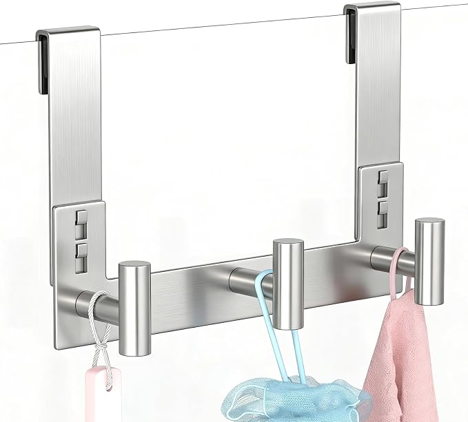 PMMASTO No-Drill Extra Long Shower Hooks, Fits 3/8" Thick Door, Heavy Duty Stainless Steel Towel Hooks for Frameless Glass Shower Door, Holds Bathrobe Towel (Silver, 3 T-Hooks)