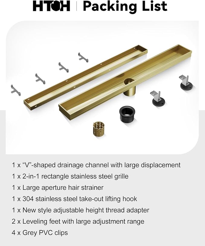 Linear Shower Drain, 54 Inch Titanium Gold Shower Drain with Removable Tile Insert Grate, 2 in 1 Bathroom 304 Stainless Steel Brushed Gold Shower Floor Drain with Adjustable Feet,Hair Filter