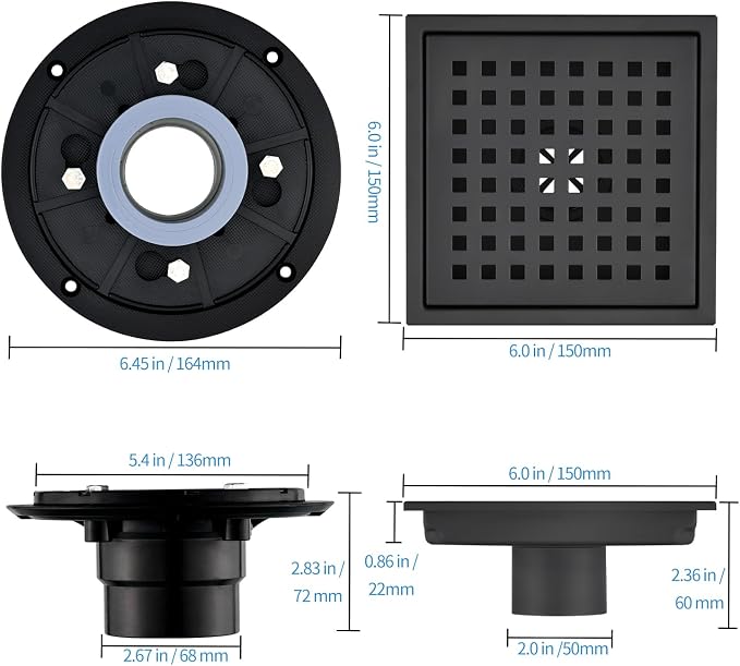 6 Inch Square Shower Drain Set of 2 with Removable, Square Grille, 304 Stainless Steel, Includes Shower Drain Base Hair Filter, Black, for Bathroom, Kitchen, Balcony 2 Pack