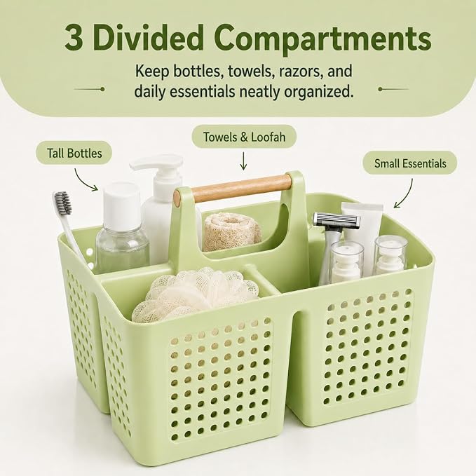 Portable Shower Caddy Basket with Wood Handle, 3-Compartment Bathroom Organizer Tote with Drain Holes, Plastic Shower Basket for Dorm, Toiletries, Cleaning Supplies,Grass Green